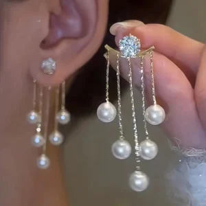Faux Pearl Tassel Zirconia Décor Dangle Earrings