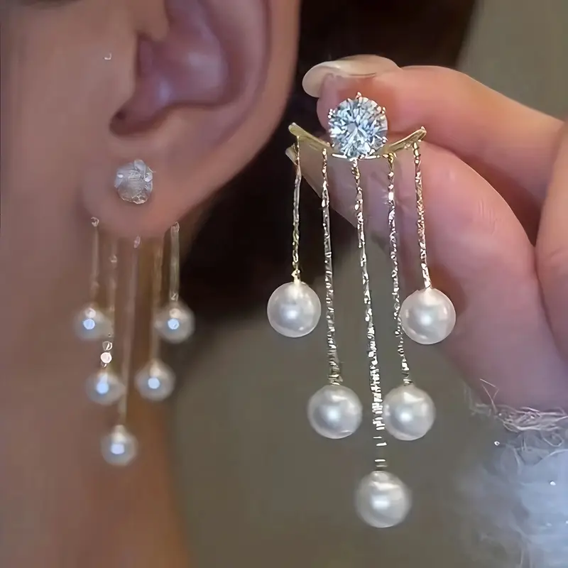 Faux Pearl Tassel Zirconia Décor Dangle Earrings