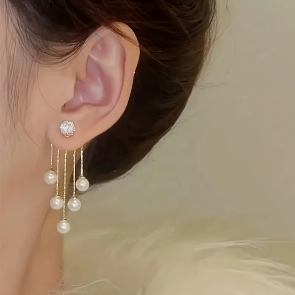 Faux Pearl Tassel Zirconia Décor Dangle Earrings - Image 4