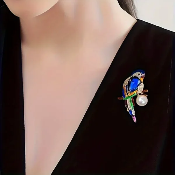 Sparkling Parrot Brooch with Faux Pearl & Colorful Gemstones - Image 5