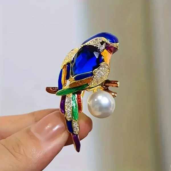 Sparkling Parrot Brooch with Faux Pearl & Colorful Gemstones - Image 3