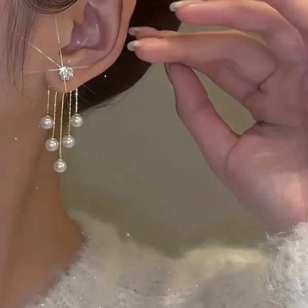 Faux Pearl Tassel Zirconia Décor Dangle Earrings - Image 5