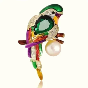 Sparkling Parrot Brooch with Faux Pearl & Colorful Gemstones